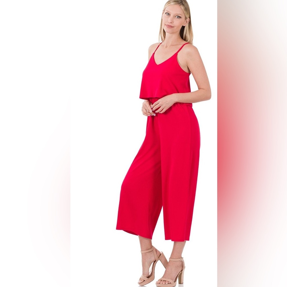 Zenana Red Ribbed Jumpsuit